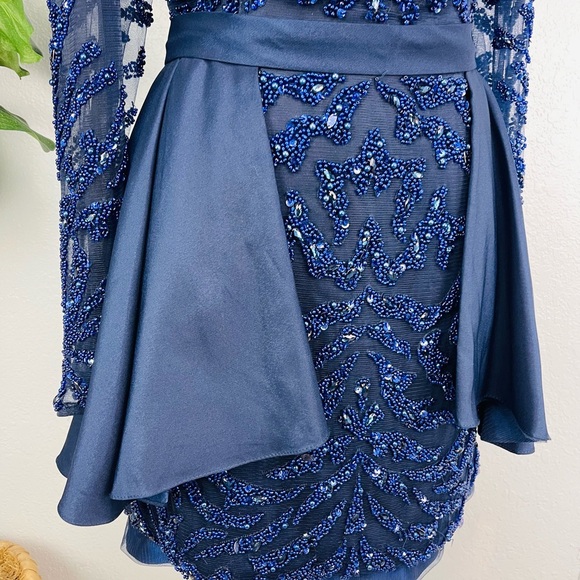 Modessa Couture Blue Embellished Peplum Long Sleeve Prom Homecoming Event Dress - Picture 13 of 16